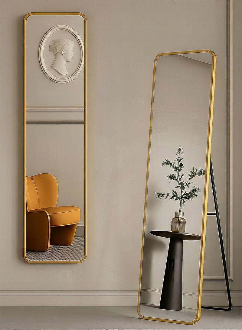 Taimi Rectangular Mirror 120x30cm with Rounded Edges, Full Length Mirror with Stand and Metal Frame, Floor Mirror, Wall Mirror Hanging or Tilt for Living Room, Bedroom, Entryway Gold - Image 1
